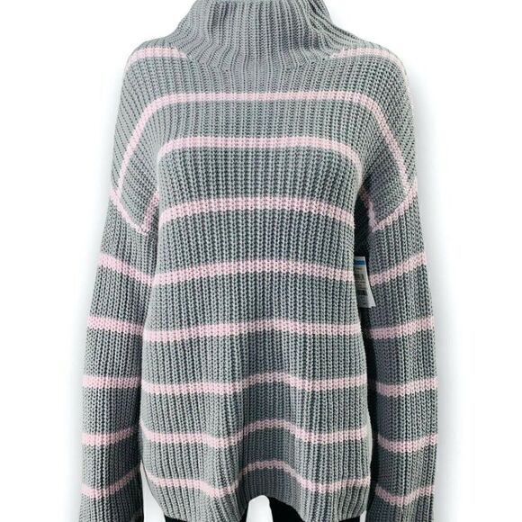 Caslon Mock Neck Sweater Gray Pink Stripe Soft Girl Cozy Core Small - Picture 3 of 7
